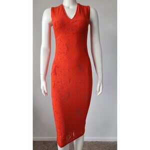 Fuzzi orange sleeveless V-neck lace bodycon midi dress S
